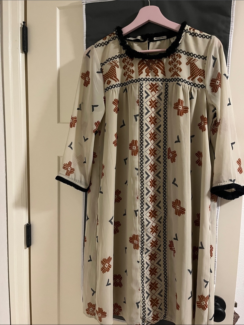 Scotch & Soda Cream Long-Sleeve Embroidered Boho Dress with Rust & Black